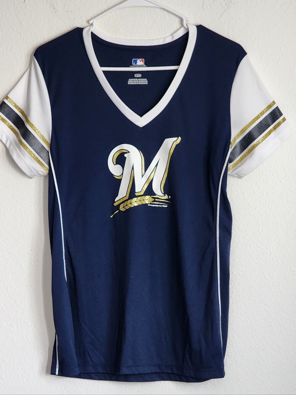 Milwaukee Brewers Majestic MLBP Ladies Jr Shirt Sleeve V-neck T-shirt Sz L